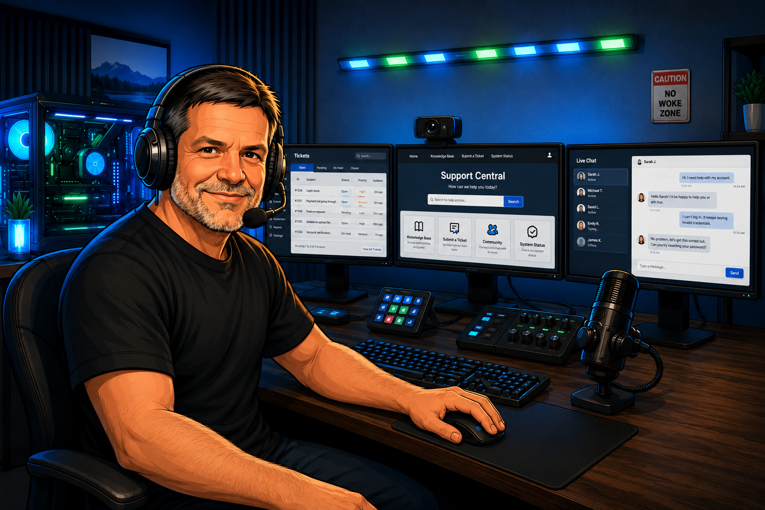 Support specialist wearing a headset at a three-monitor workstation displaying customer support tools.